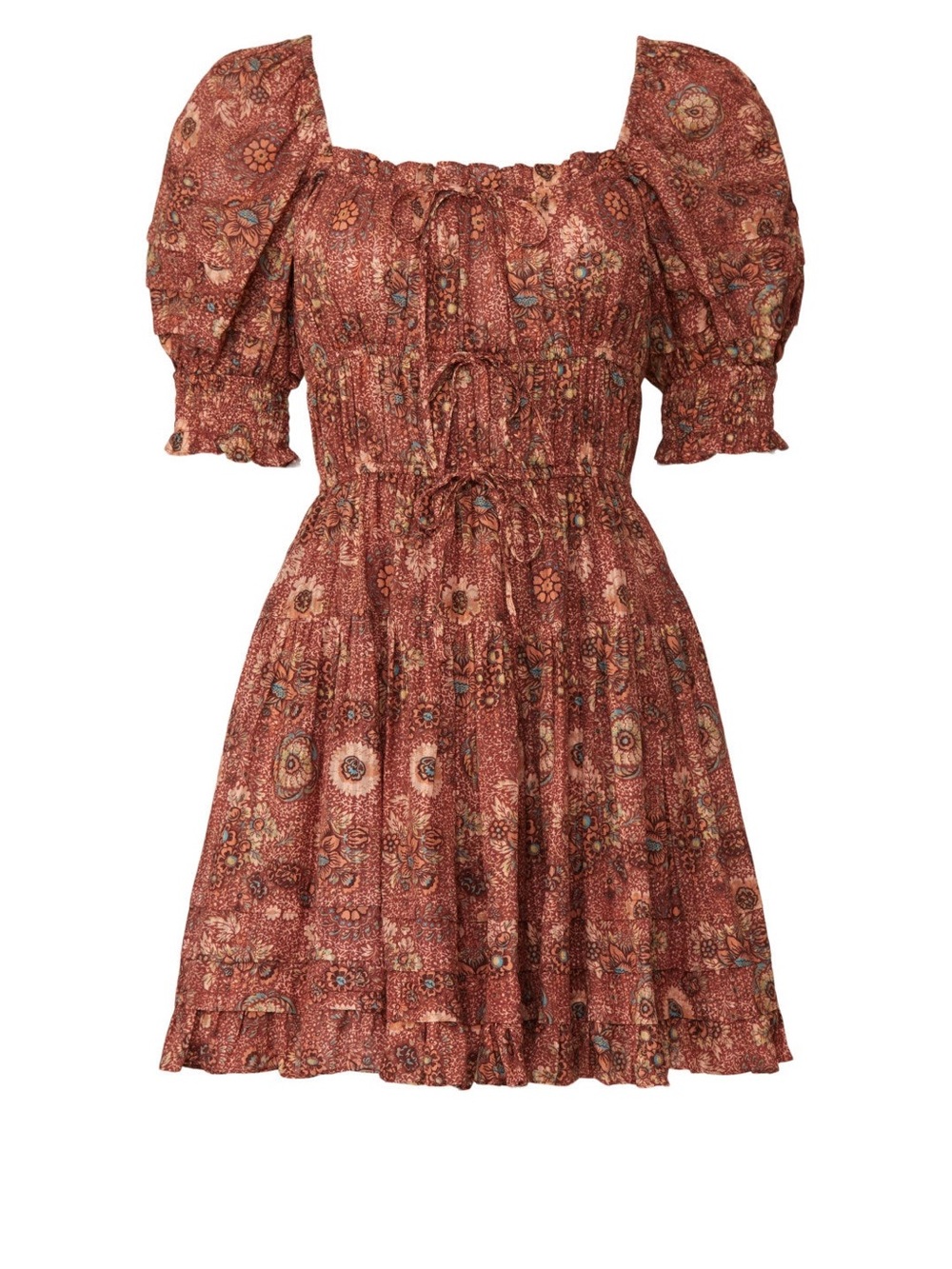 Ulla Johnson Floral Puff Sleeve Smocked Mini Dress Brown Print 4 Boho Romantic - Picture 5 of 16